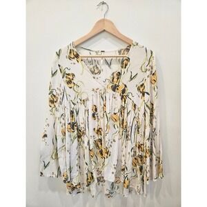 Free People‎ Bella Floral Tunic XS Yellow Black Boho Bell Sleeve V-Neck Blouse